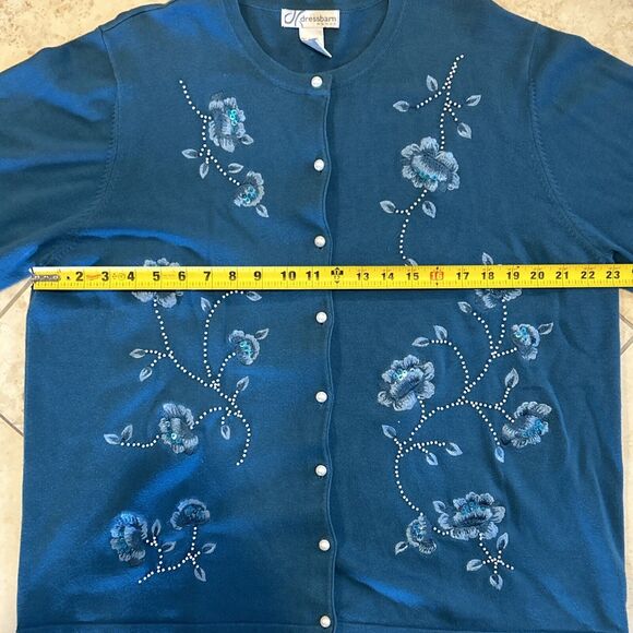 Dress Barn Vintage Embellished Studded Cardigan Sweater Blue Flowers Size 18/20 - Picture 4 of 8